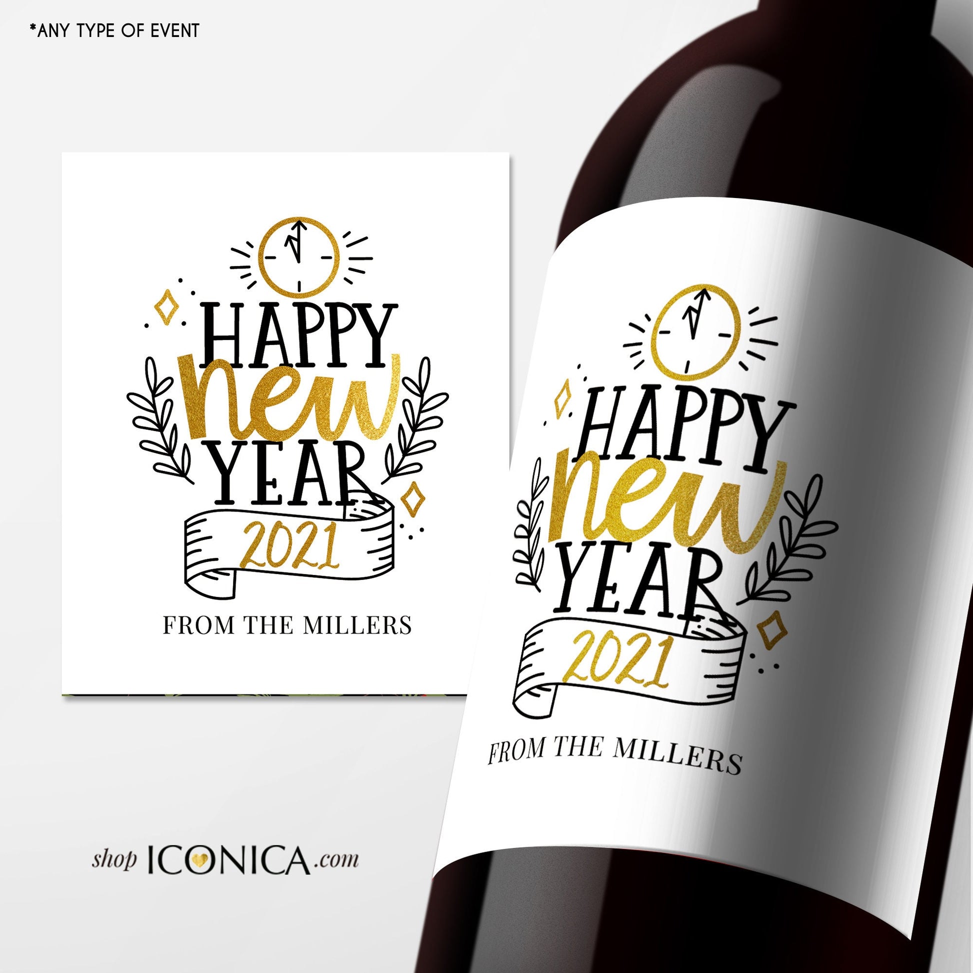 Personalized New Year Wine Labels | Holiday Party Champagne Decor