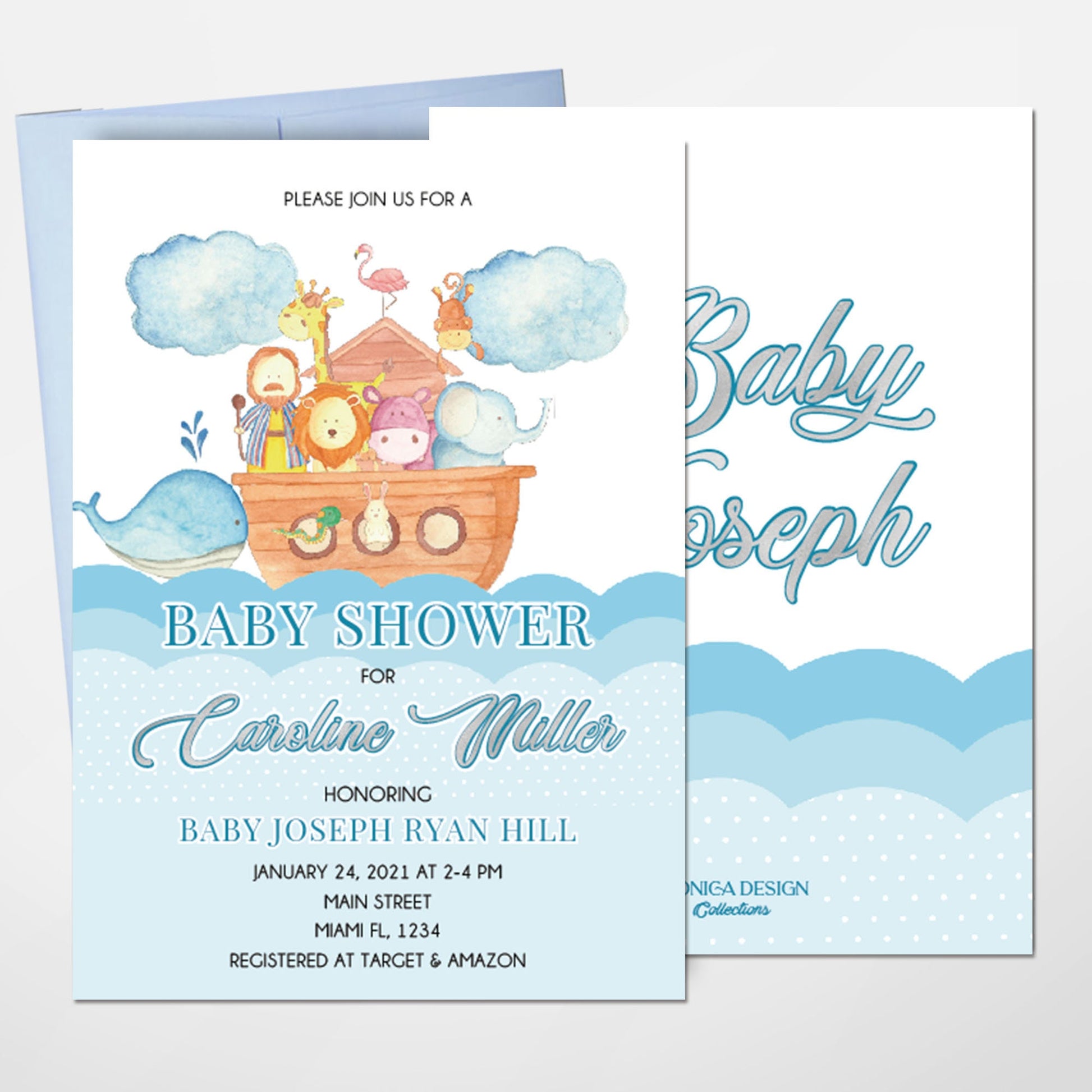 Noah's Ark Baby Shower Invitation, Boys Birthday, Baptism Cards