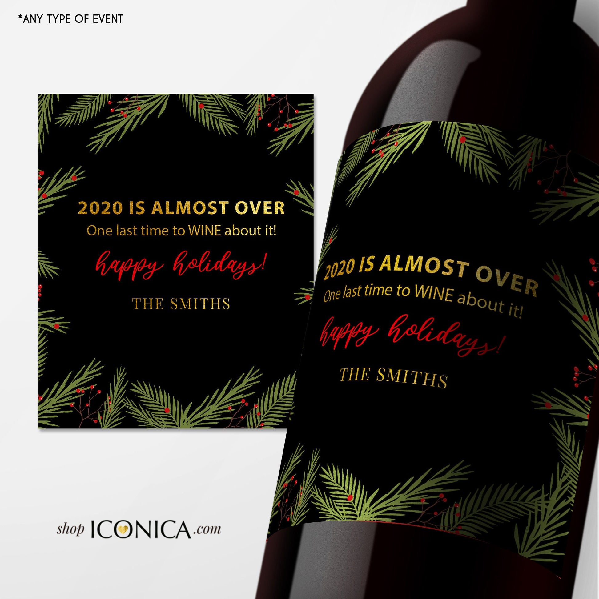 Personalized Christmas Wine Labels | Holiday Party Champagne Bottle Wrappers
