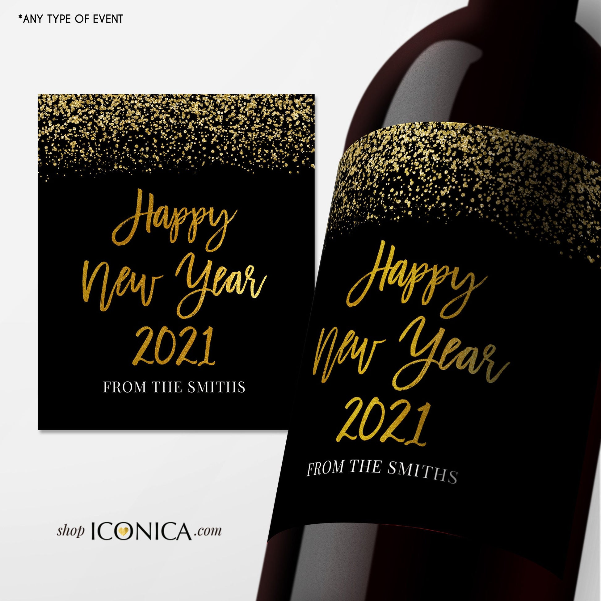 Personalized New Year Wine Labels | Holiday Party Champagne Decor