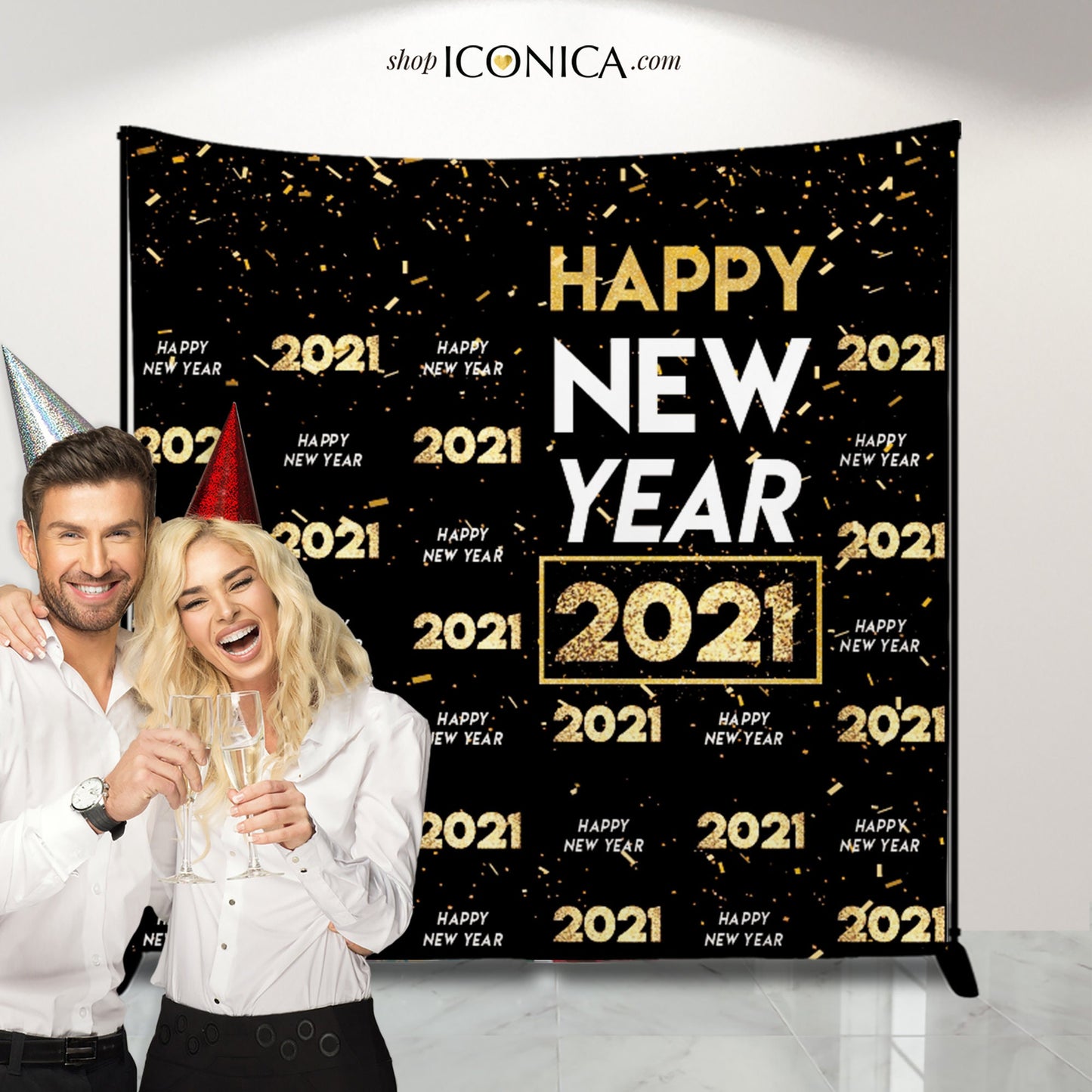 New Years Eve Backdrop, Black & Gold 2021, Photo Booth Prop