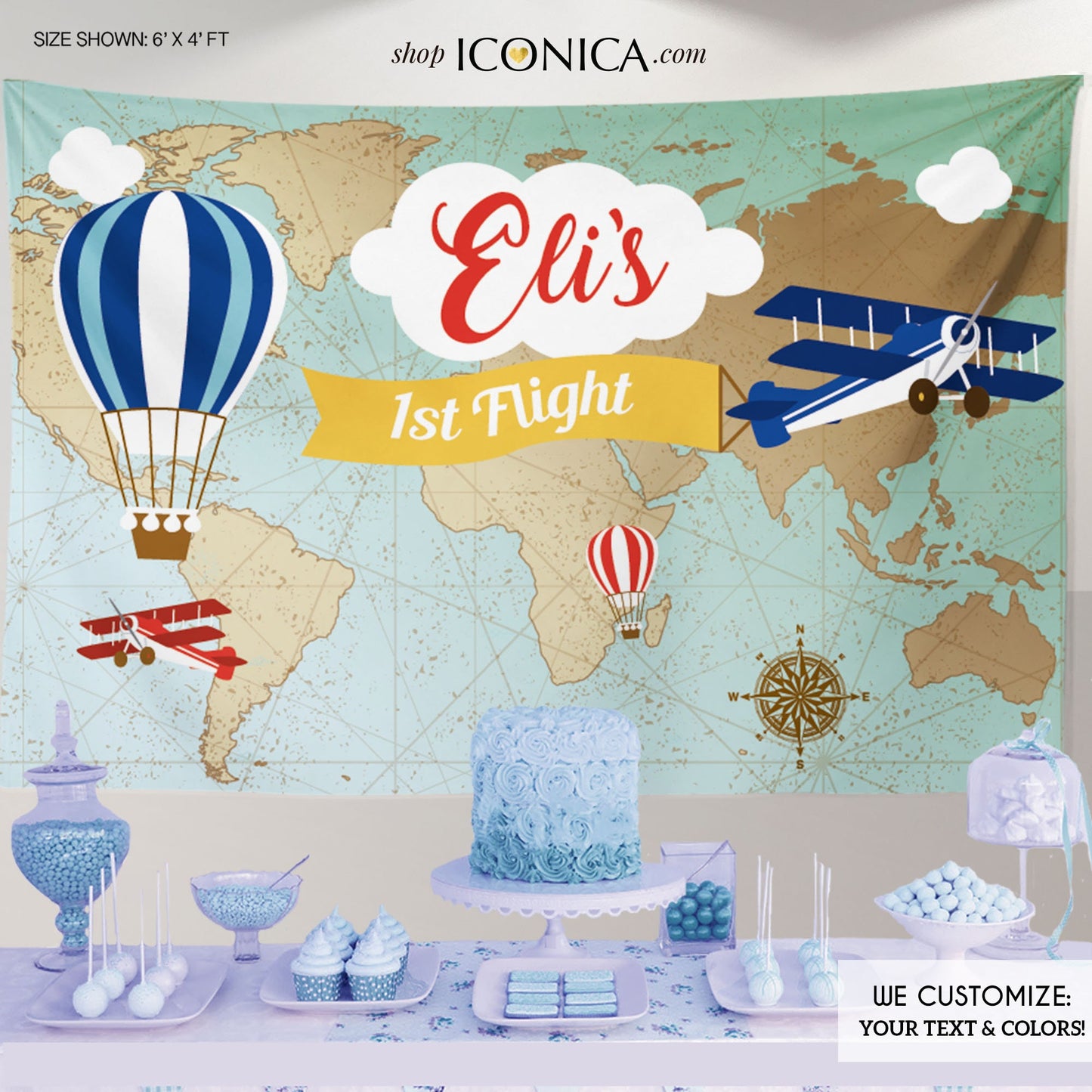 Vintage Airplane 1st Birthday Backdrop, World Map, Hot Air Balloon