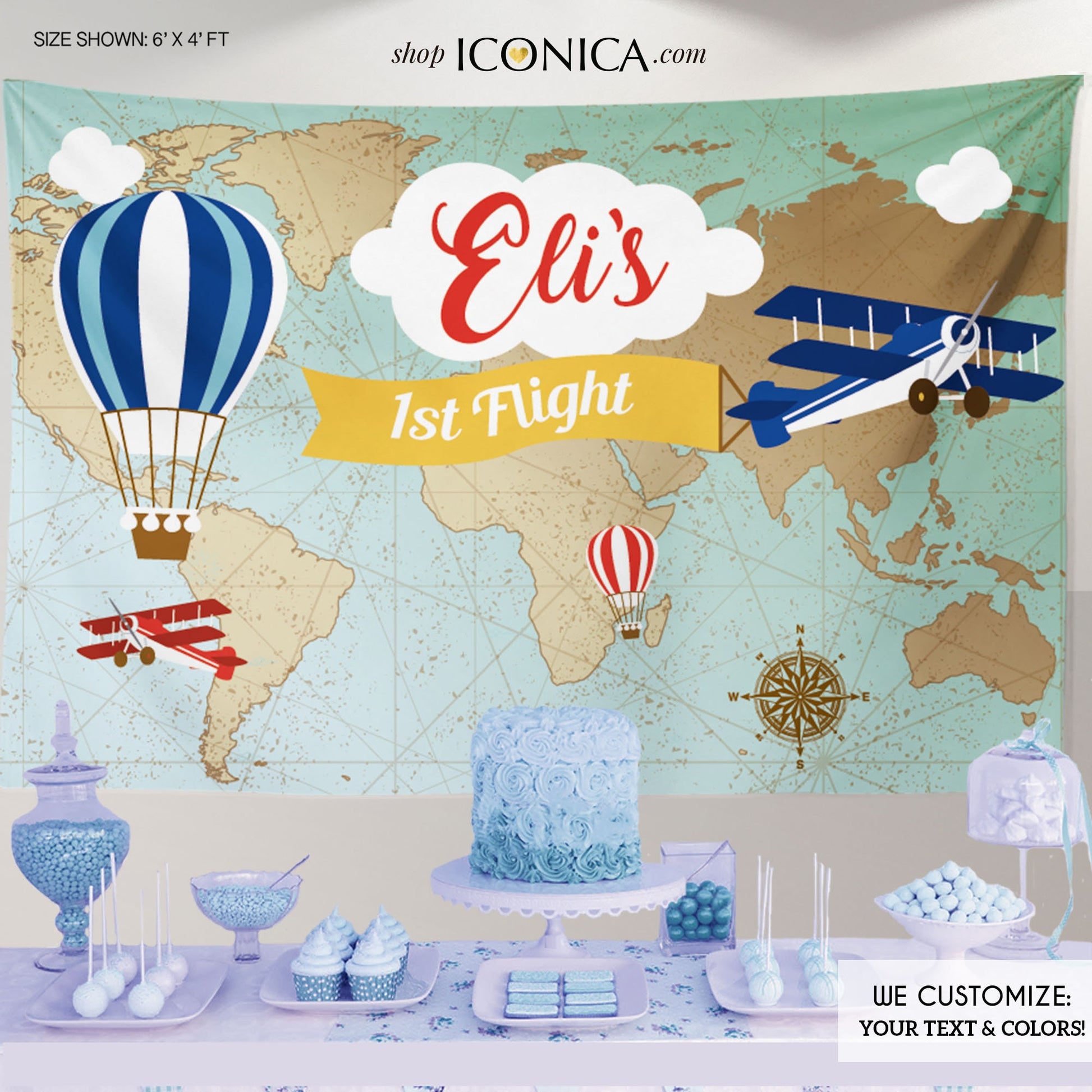 Vintage Airplane 1st Birthday Backdrop, World Map, Hot Air Balloon