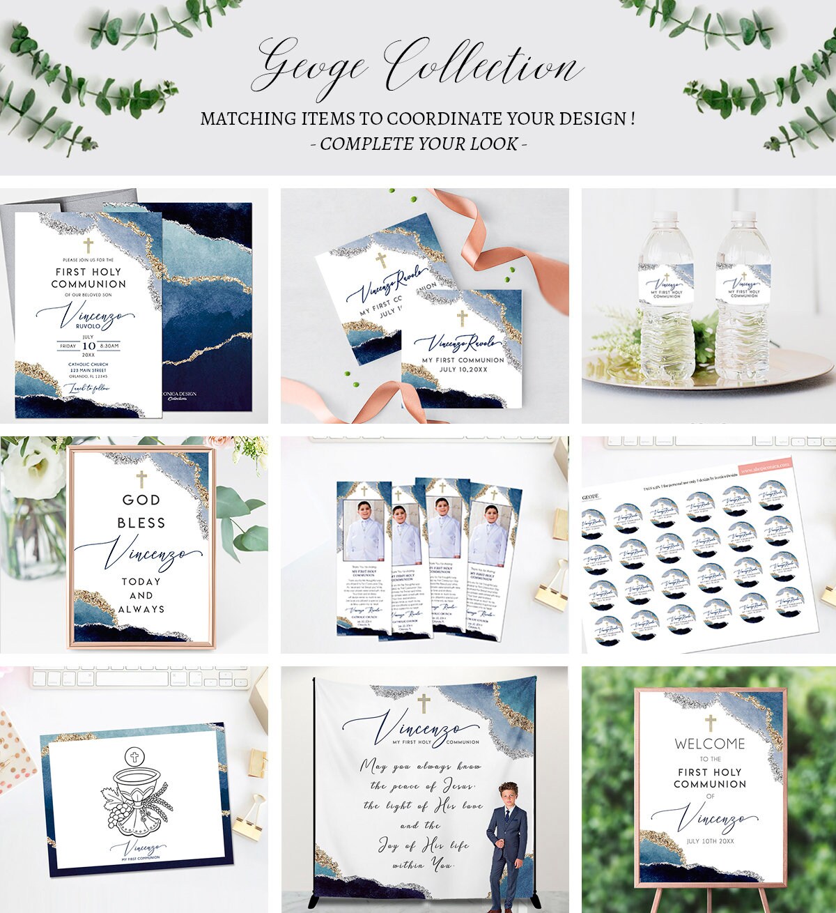 Personalized First Communion Welcome Sign | Navy Blue Geode Decor