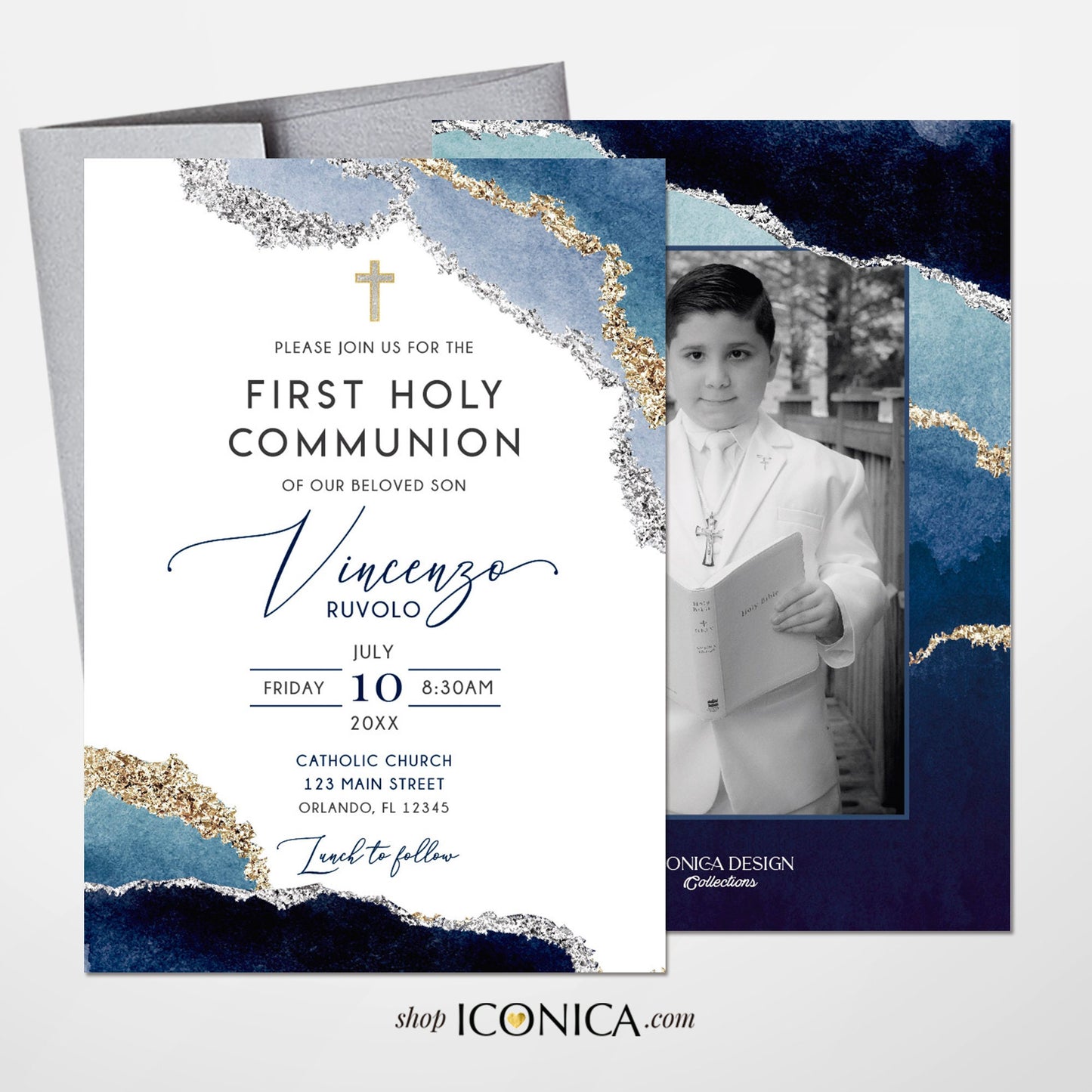 Blue Geode First Communion Invitation, Elegant Religious Event