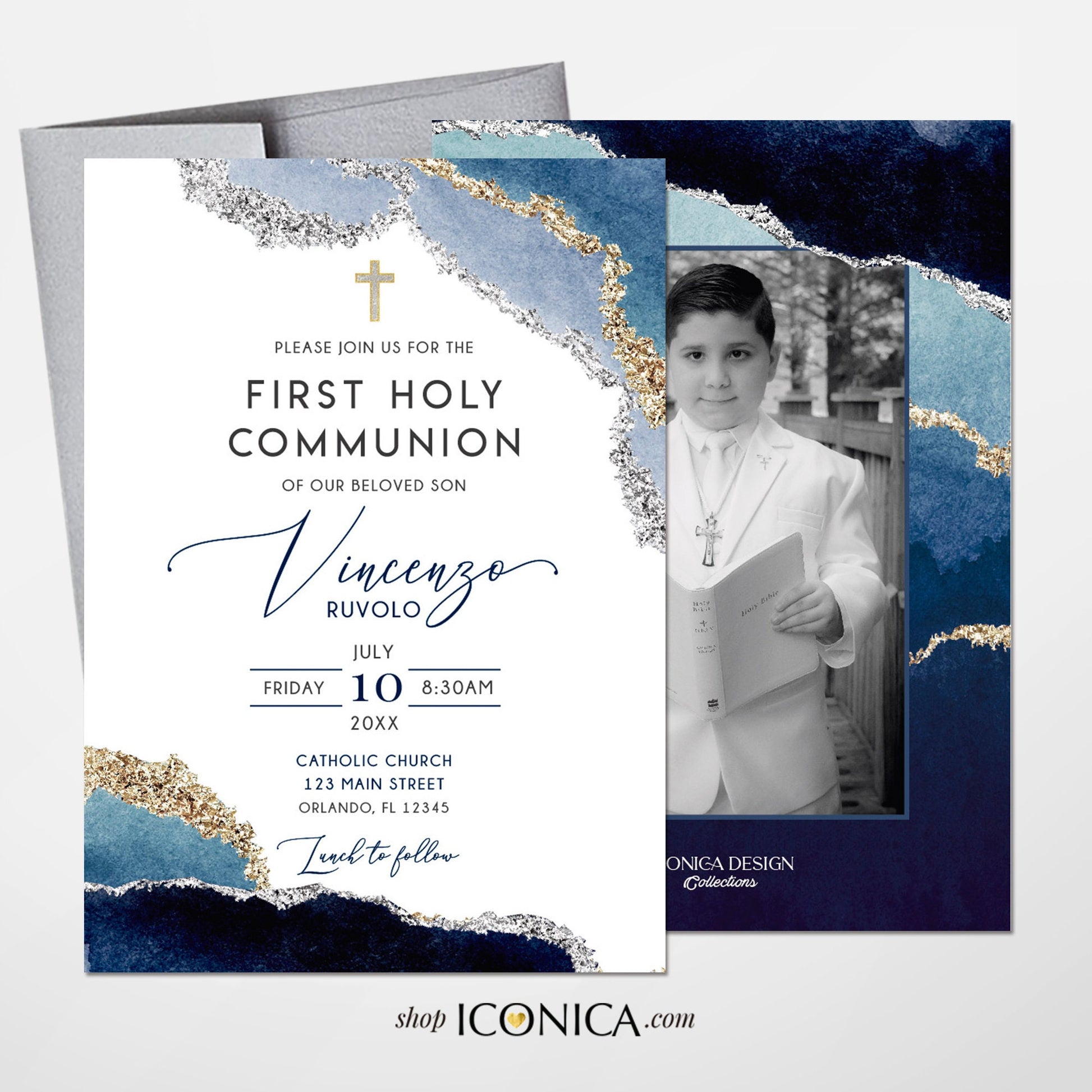 Blue Geode First Communion Invitation, Elegant Religious Event