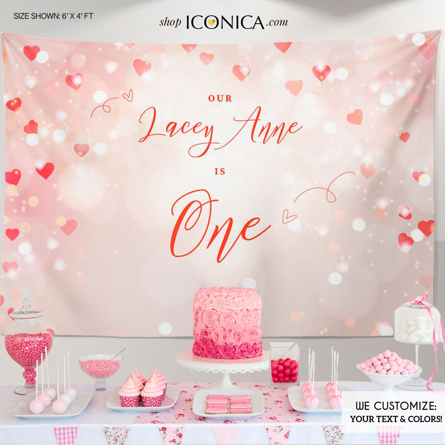 Sweetheart First Birthday Backdrop, Heart Bokeh Banner