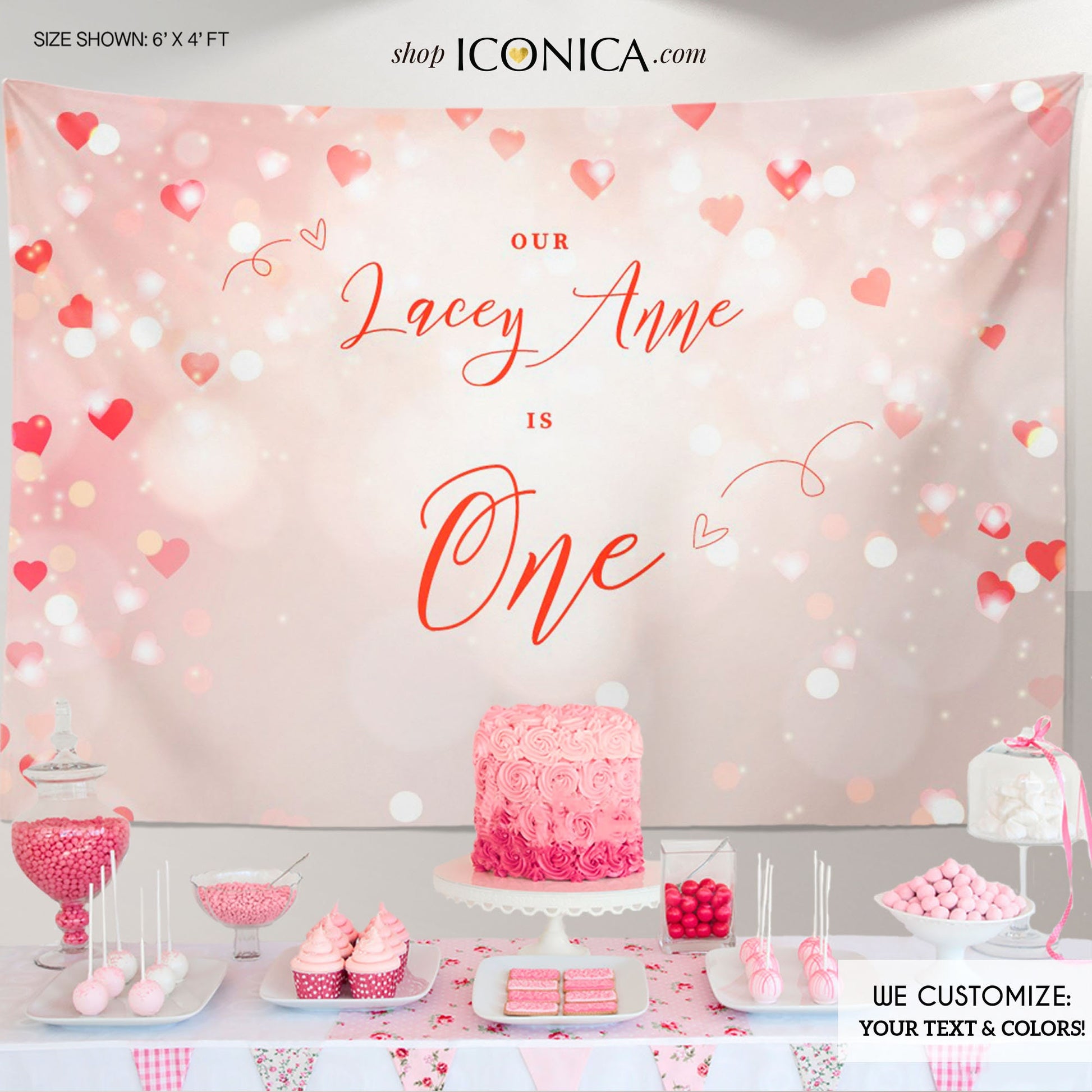 Sweetheart First Birthday Backdrop, Heart Bokeh Banner