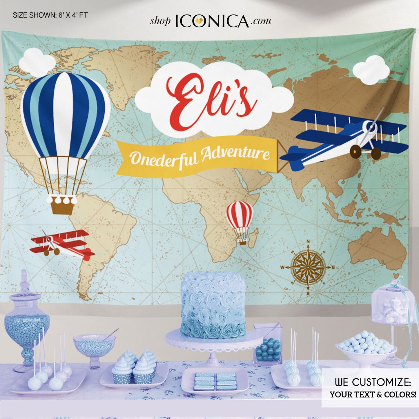 Vintage Airplane 1st Birthday Backdrop, World Map, Hot Air Balloon