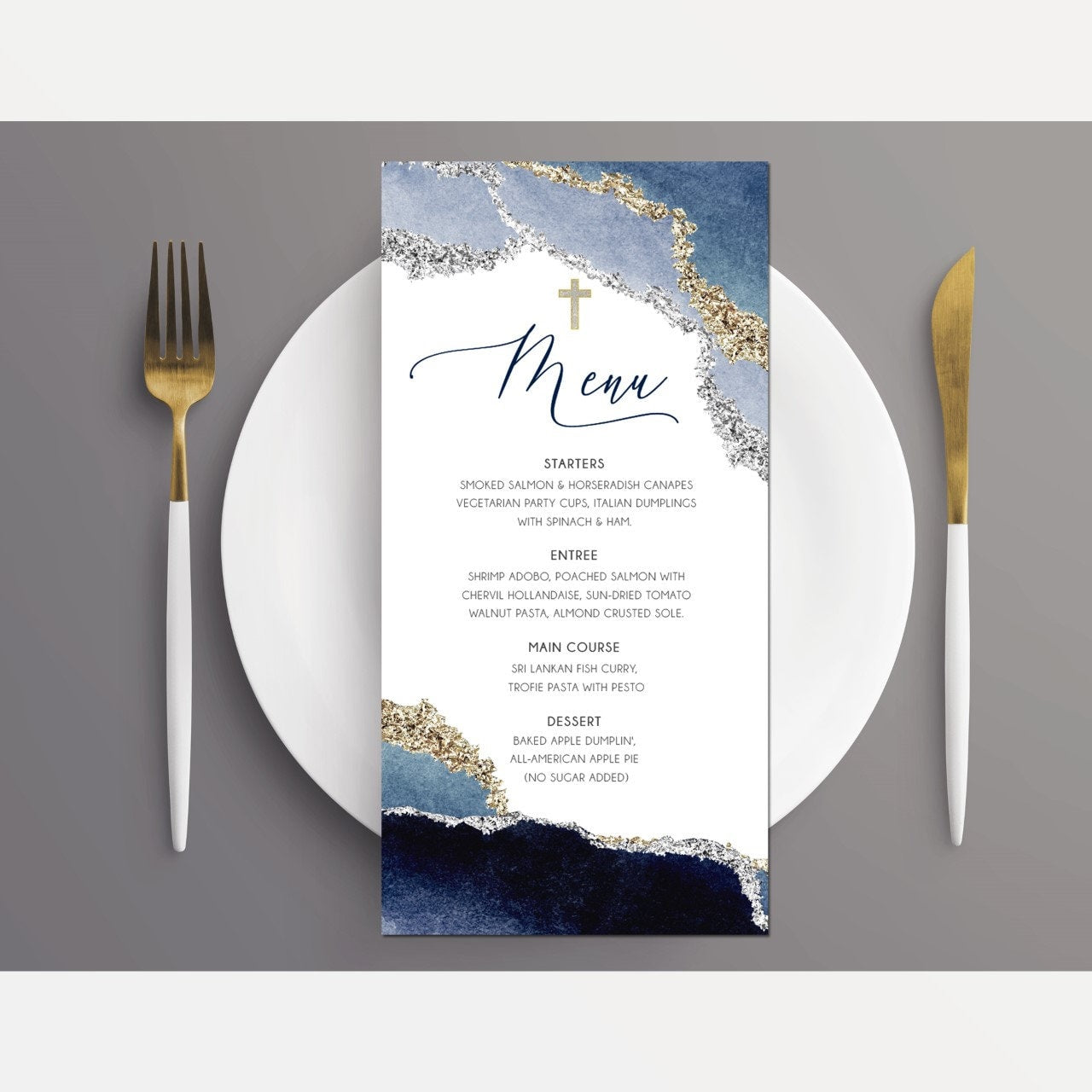 Navy Blue Geode Menu Card, Elegant Watercolor Stationery
