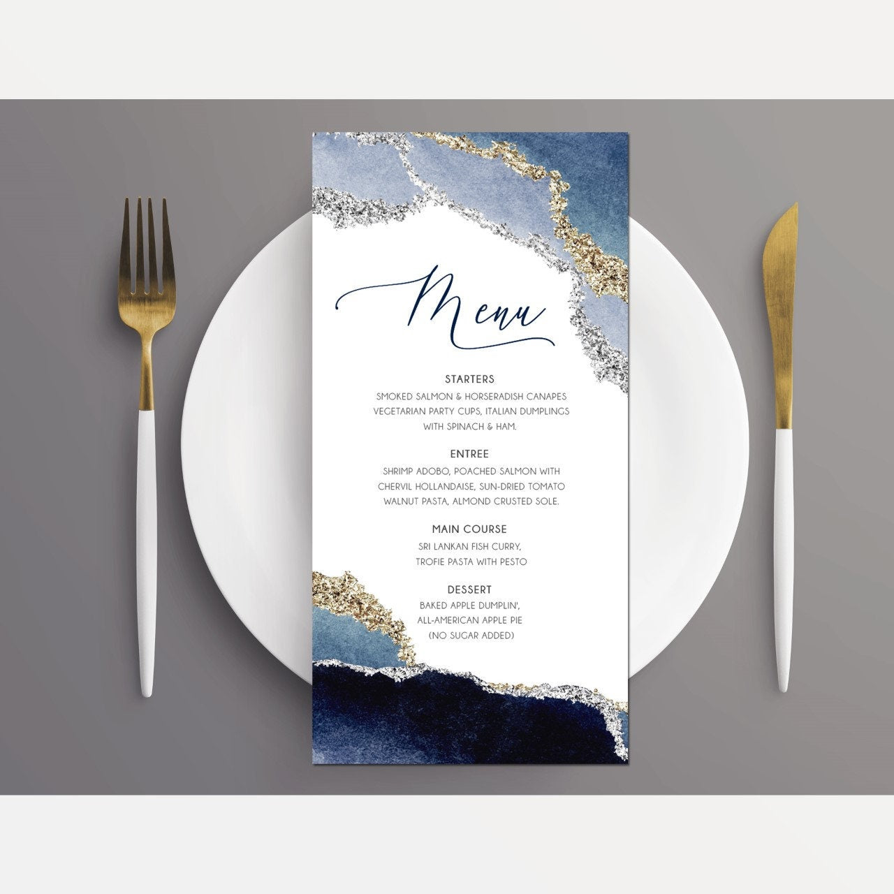 Navy Blue Geode Menu Card, Elegant Watercolor Stationery
