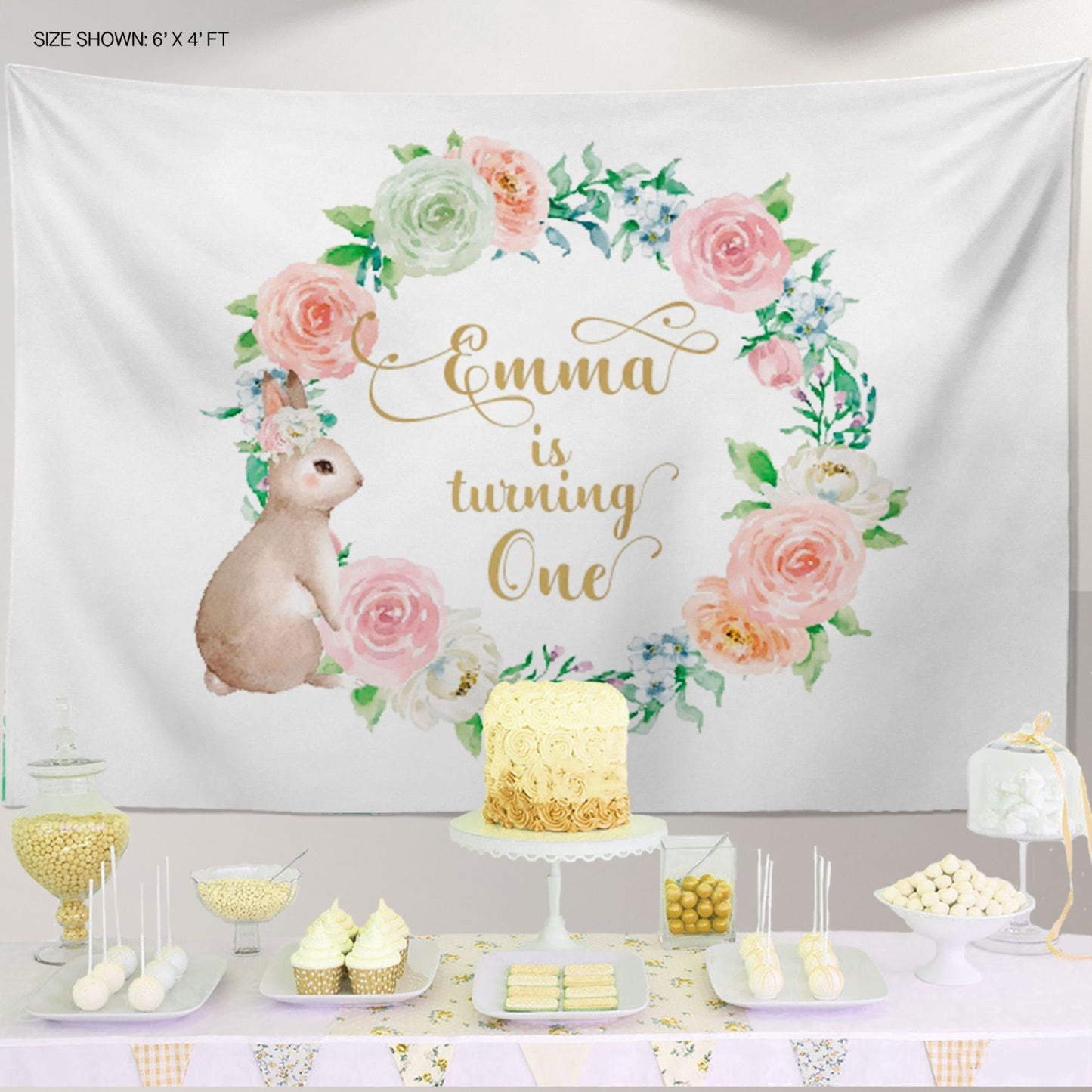 Bunny First Birthday Backdrop, Floral Wreath, Personalized Easter Decor