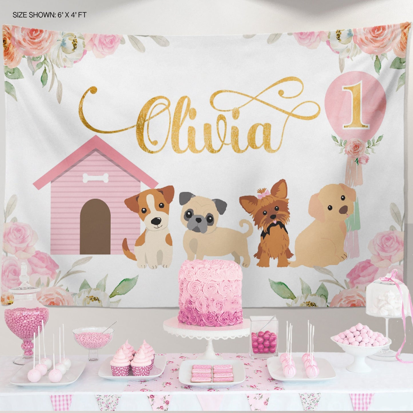 Puppy Birthday Party Invitation, Pink Floral Design