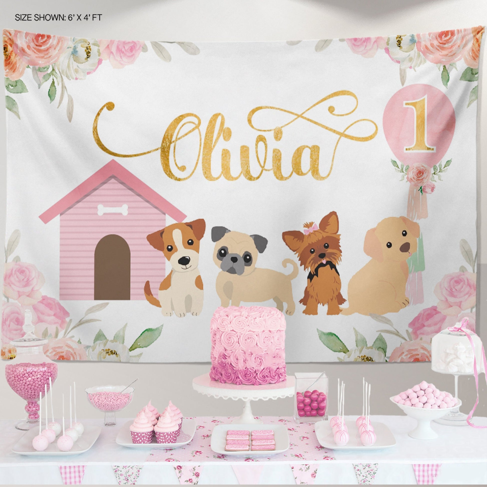 Puppy Birthday Party Invitation, Pink Floral Design