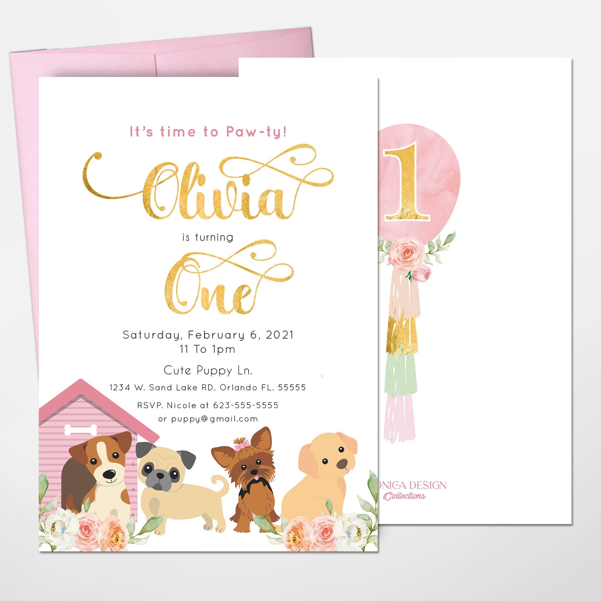 Puppy Birthday Party Invitation, Pink Floral Design