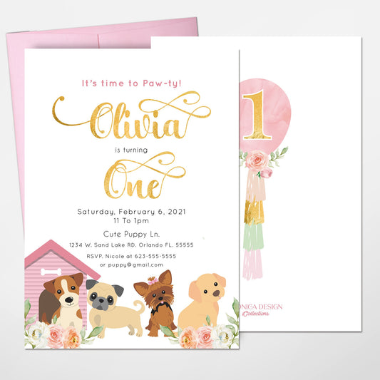 Puppy Birthday Party Invitation, Pink Floral Design