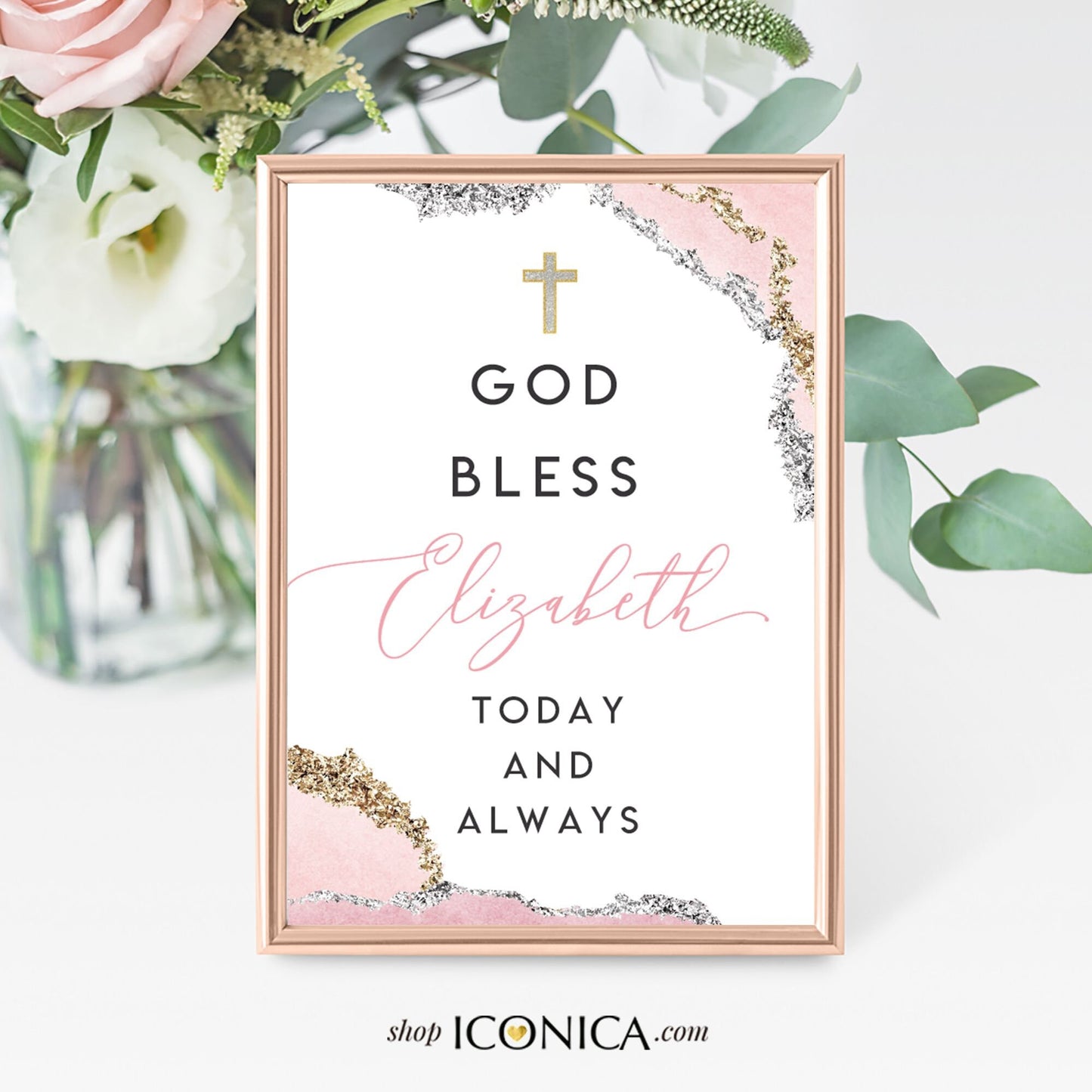 Pink Geode God Bless Art Print, Personalized Party Sign