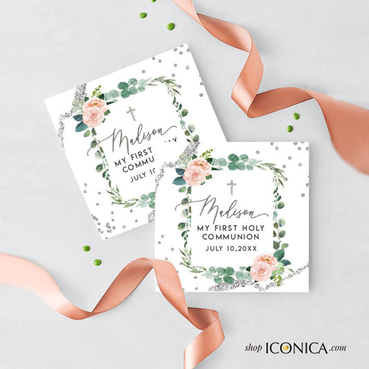 First Communion Favor Tags | Floral Pink and Greenery, Personalized