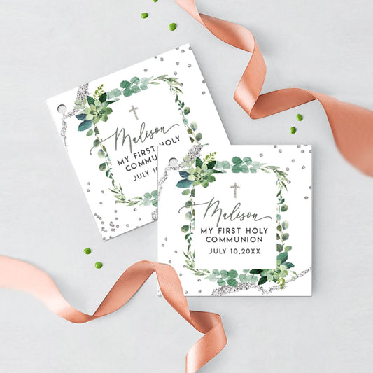Succulent Greenery First Communion Favor Tags | Personalized Gift Tags