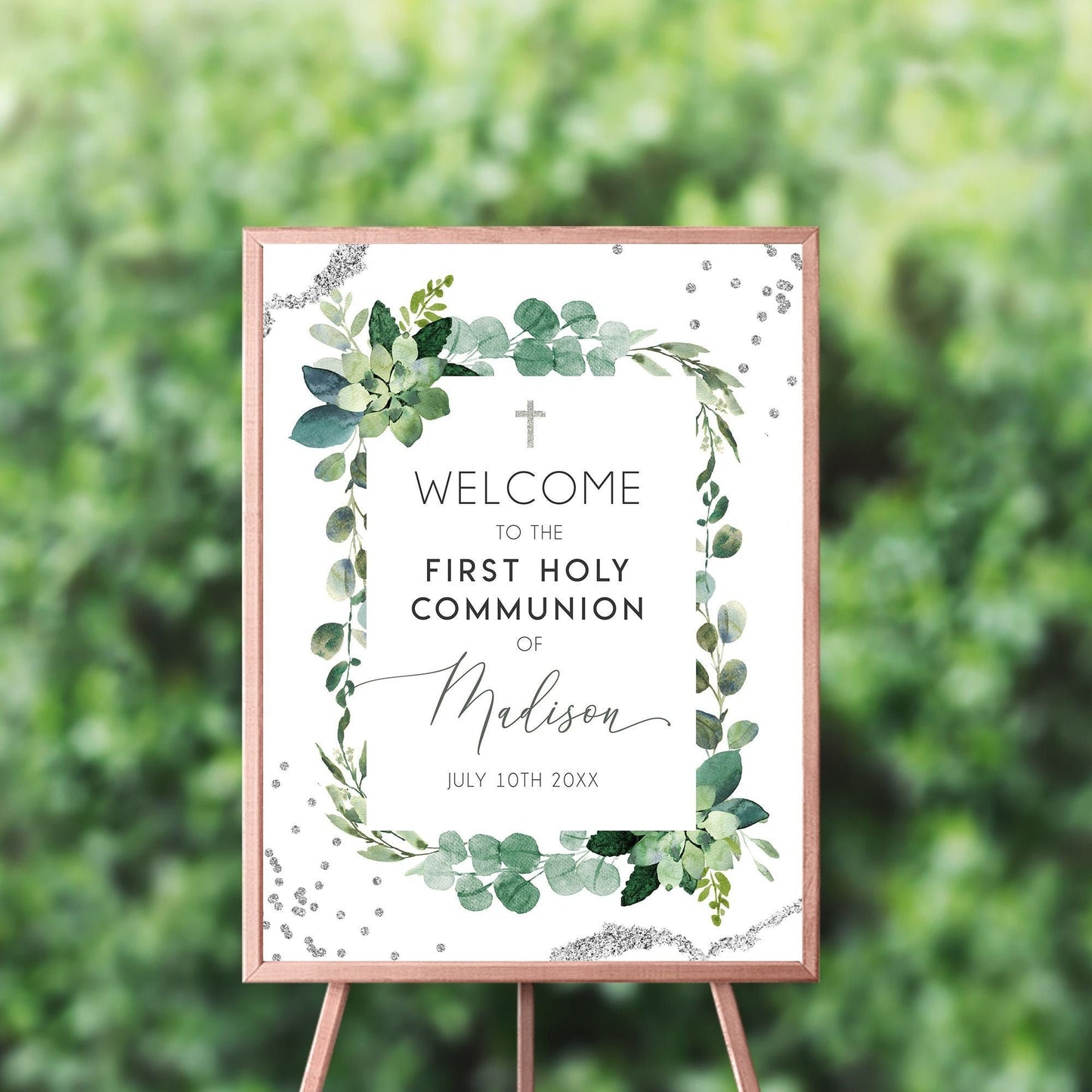 Succulent Greenery First Communion Welcome Sign, Personalized Board