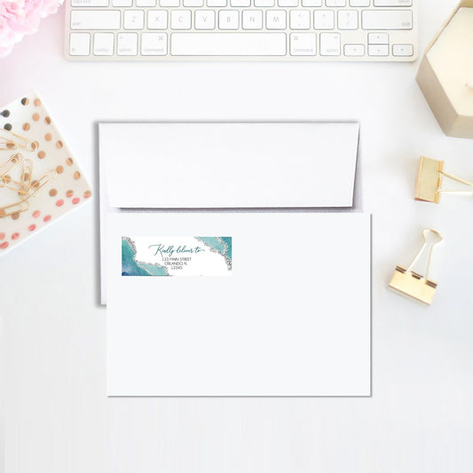 Geode Teal Address Stickers Personalized 3x1, Printed Return Address Labels Geode Elegant Labels Blue Watercolor Geode Address Stickers