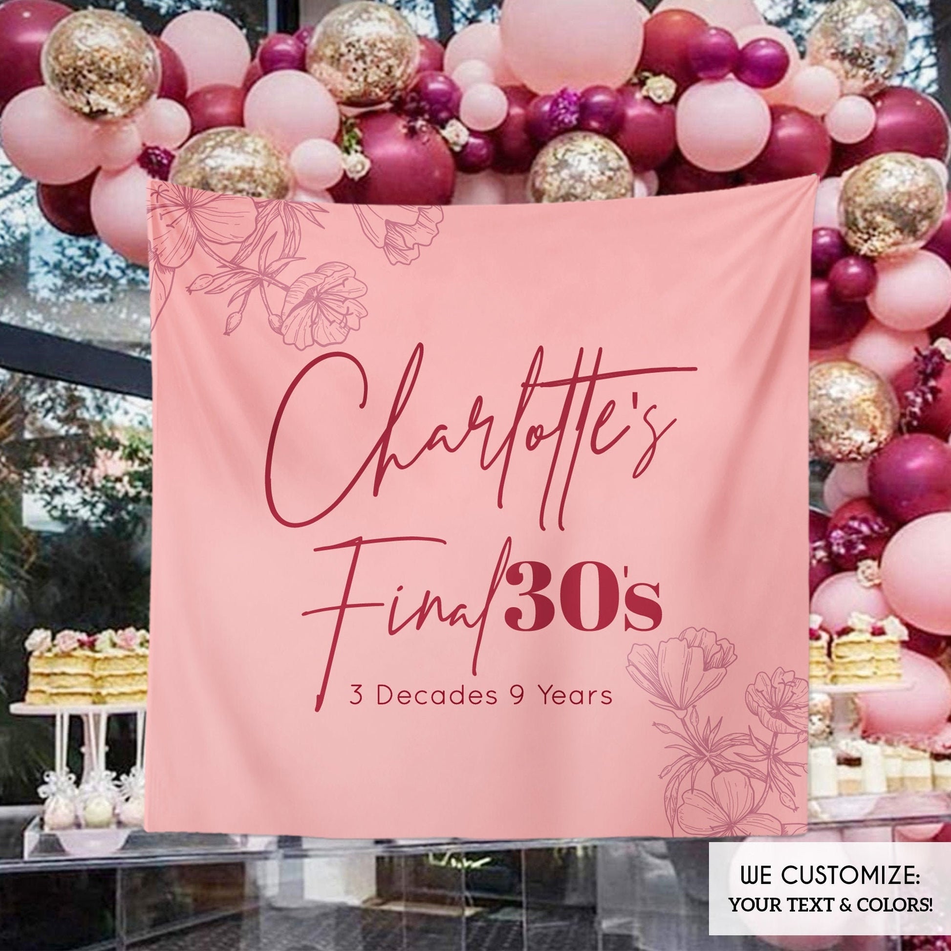 Personalized 30th Birthday Backdrop, Modern Floral Decor