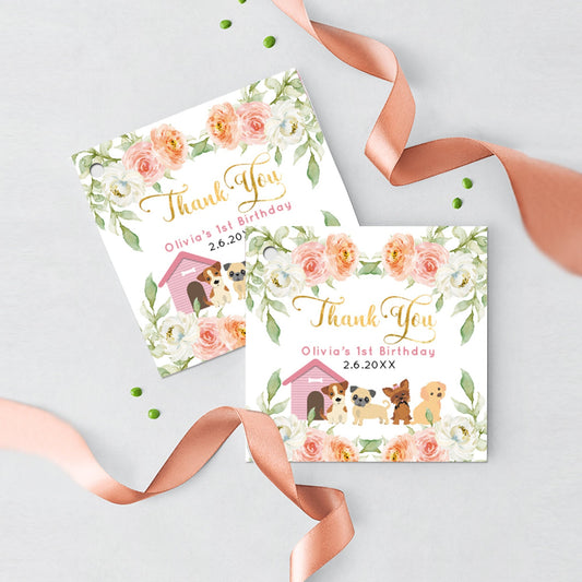 Puppy 1st Birthday Thank You Tags, Printed Floral Paw-ty Decor