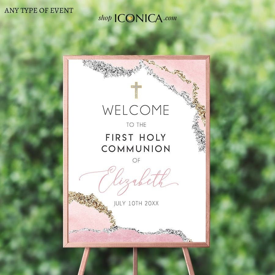 Personalized First Communion Welcome Sign | Pink Geode & Gold