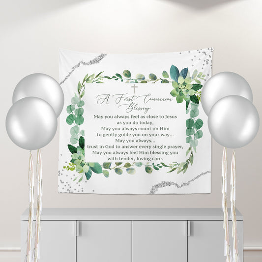 Personalized First Communion Banner, Greenery Succulents, Silver