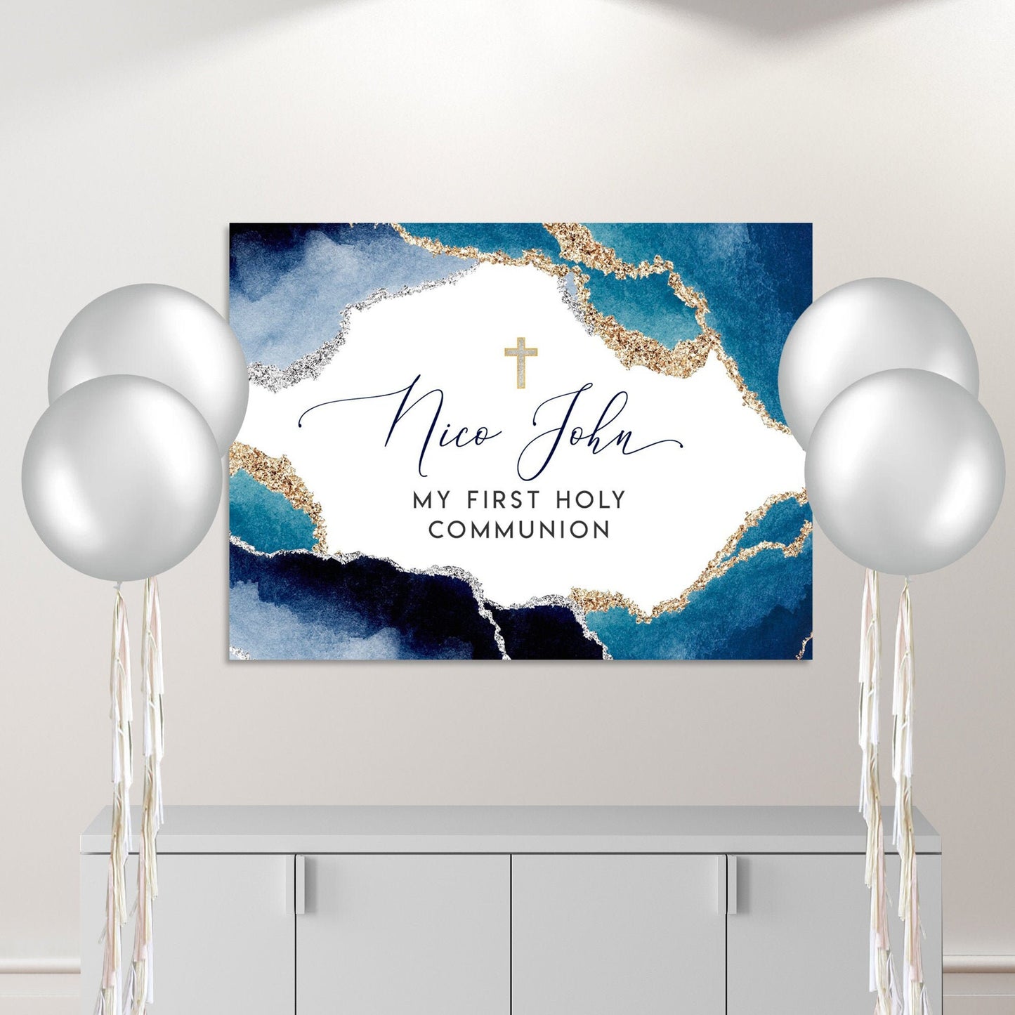 Personalized First Communion Welcome Sign | Navy Blue Geode Decor