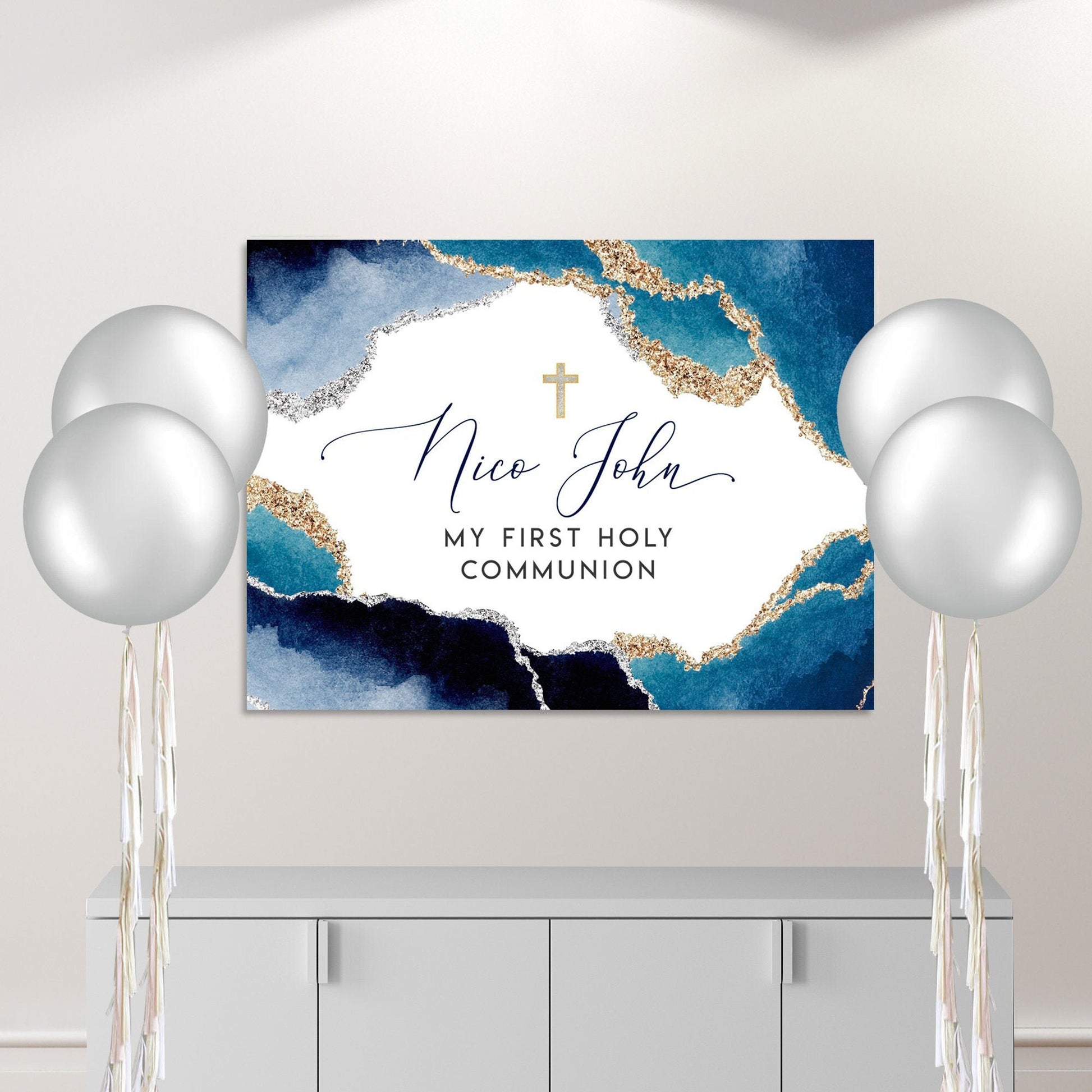 Personalized First Communion Welcome Sign | Navy Blue Geode Decor