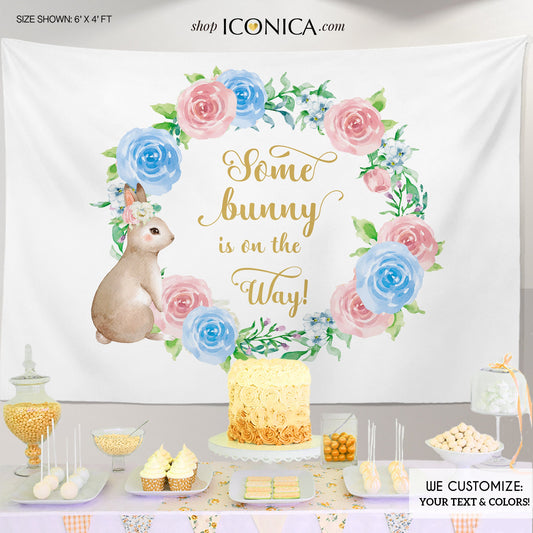 Bunny Gender Reveal Backdrop, Floral Wreath Banner
