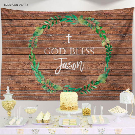 Rustic Communion Backdrop, Woodland Greenery, Personalized Banner (Printed or Printable File)