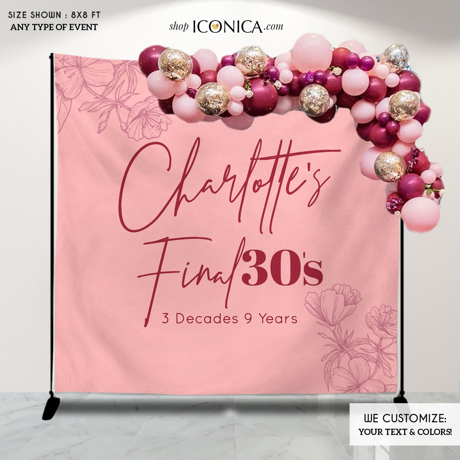 Personalized 30th Birthday Backdrop, Modern Floral Decor