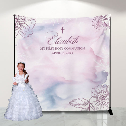 Personalized First Communion Banner, Floral Watercolor Backdrop