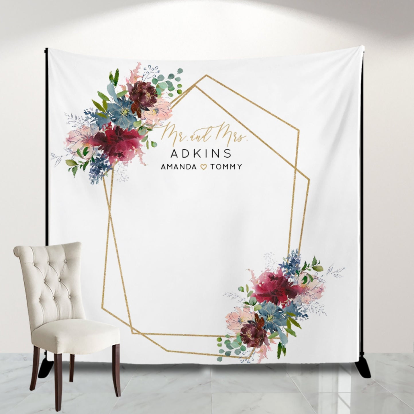 Blush Burgundy Floral Wedding Backdrop, Personalized Photo Banner