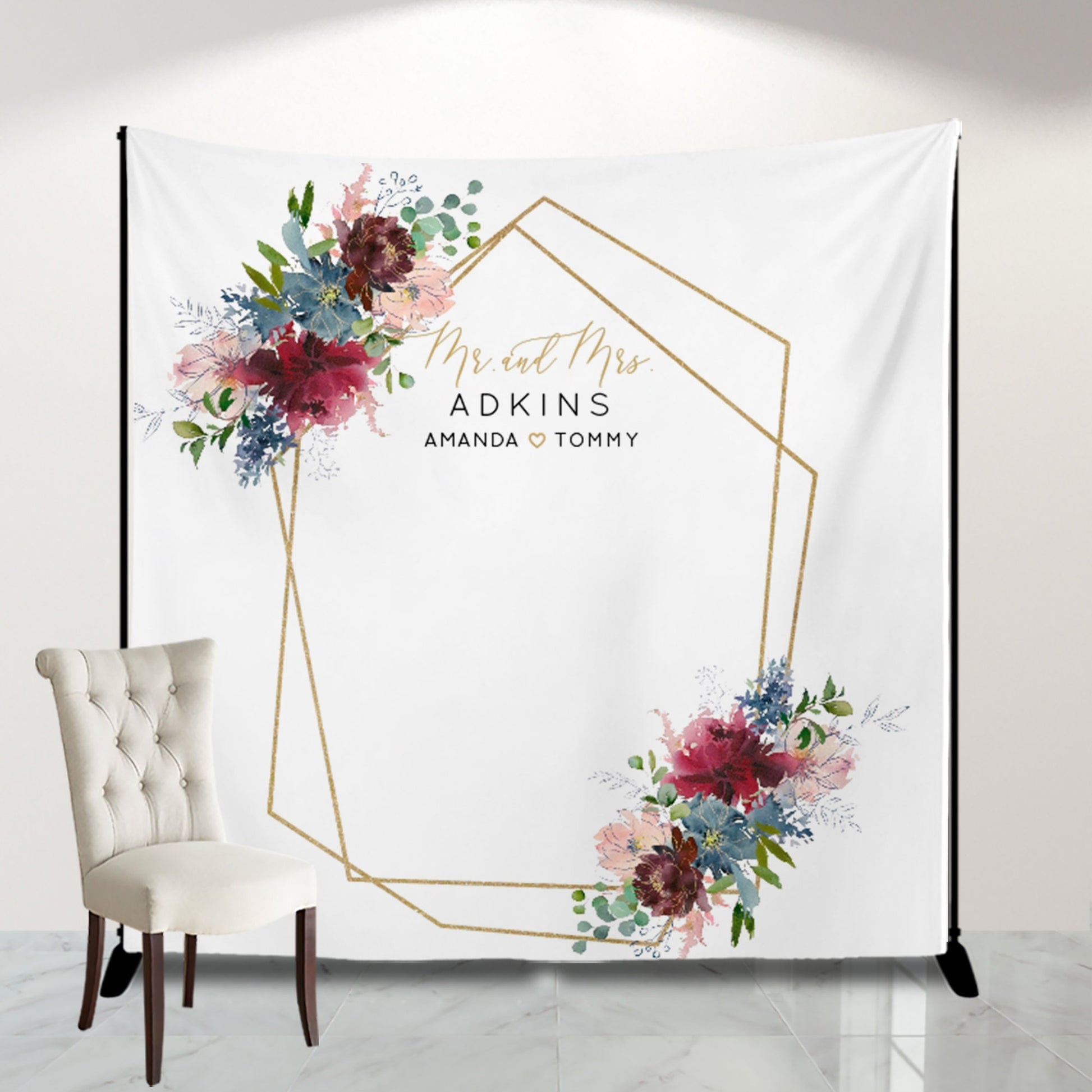 Blush Burgundy Floral Wedding Backdrop, Personalized Photo Banner