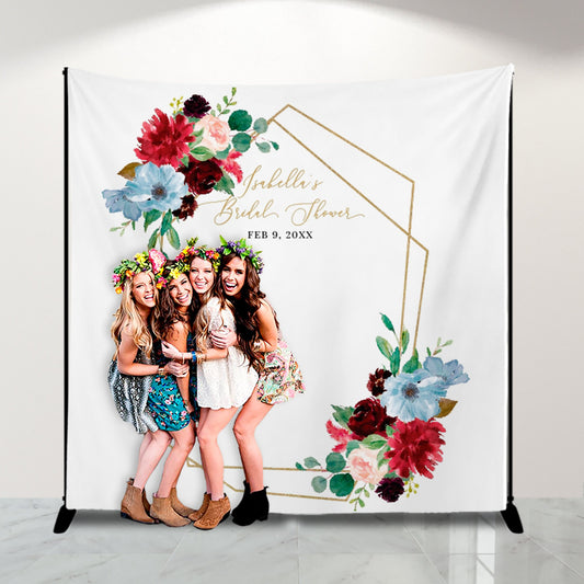 Burgundy and Dusty Blue Floral Bridal Shower Backdrop, Personalized Banner