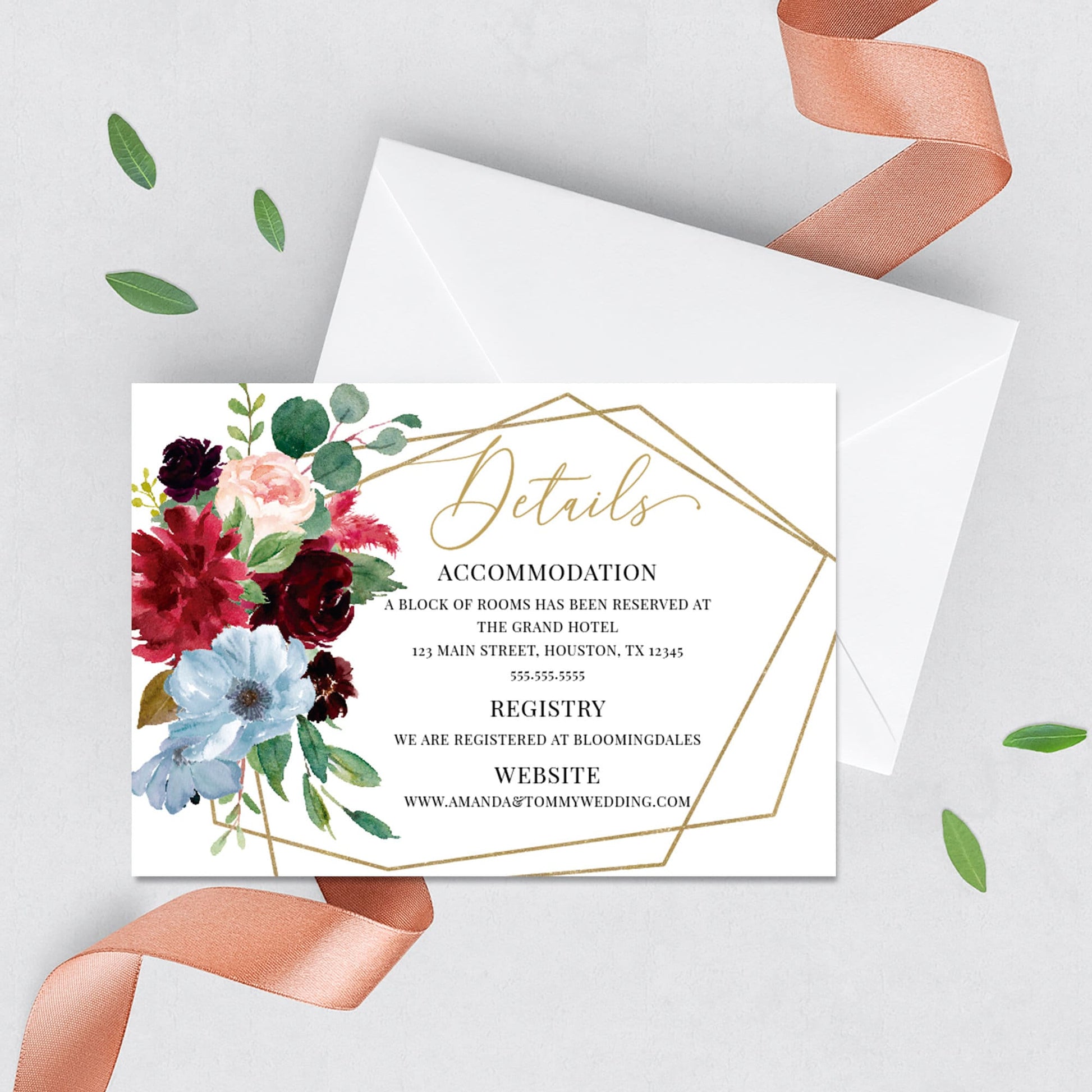 Floral Burgundy Wedding Insert Card, RSVP or Details (3.5x5")