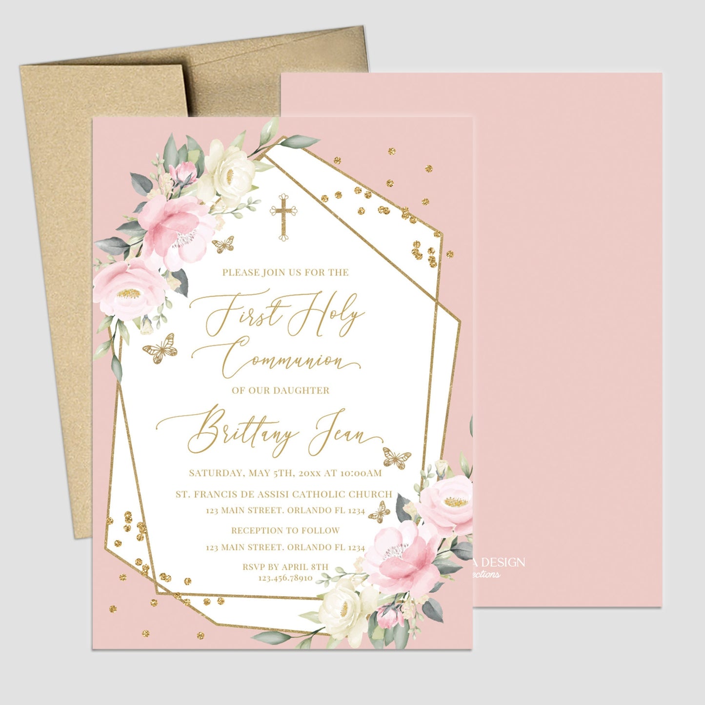 Blue Floral First Communion Invitation, Geometric Girl's Baptism