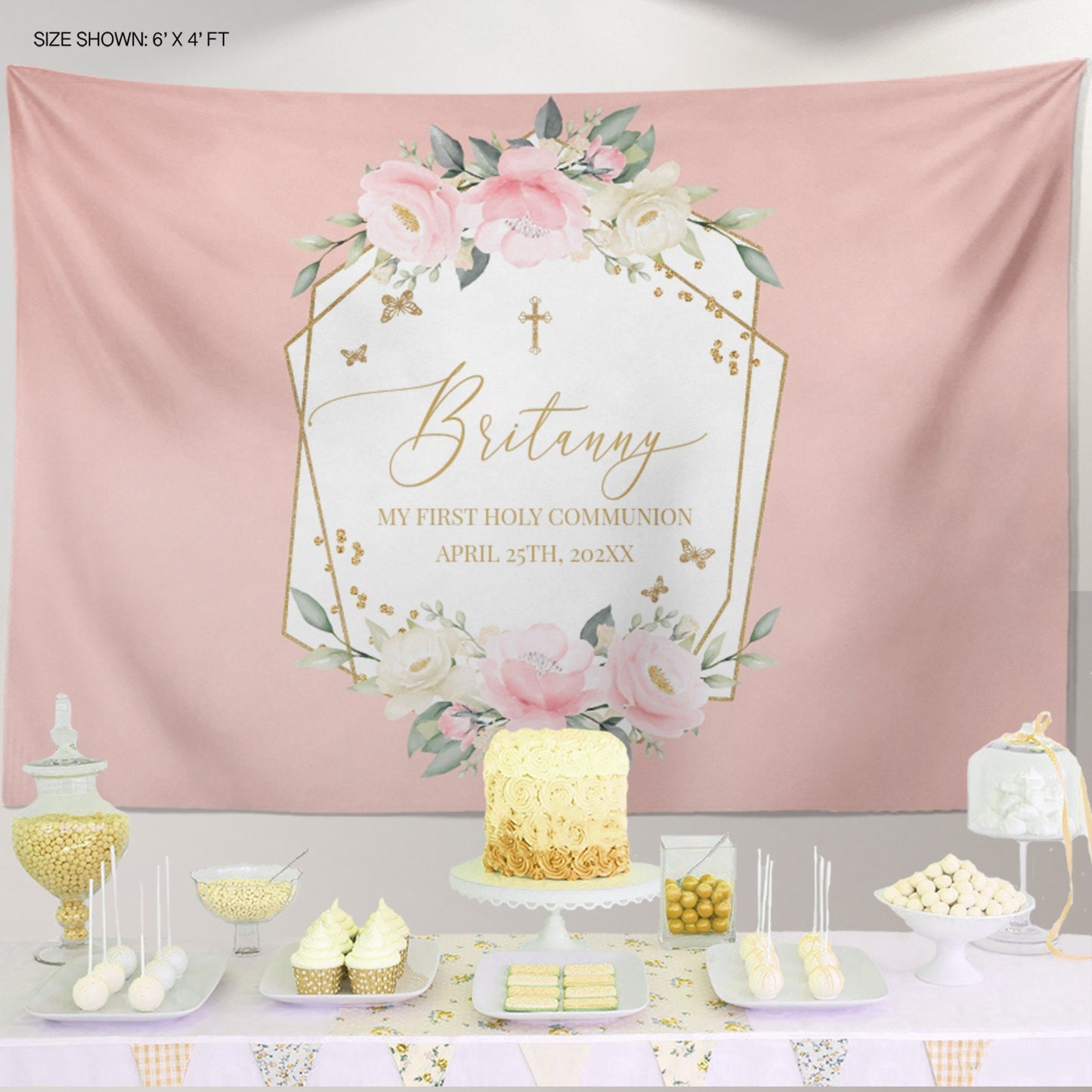 Floral First Communion Save the Date Card, Pink and Gold