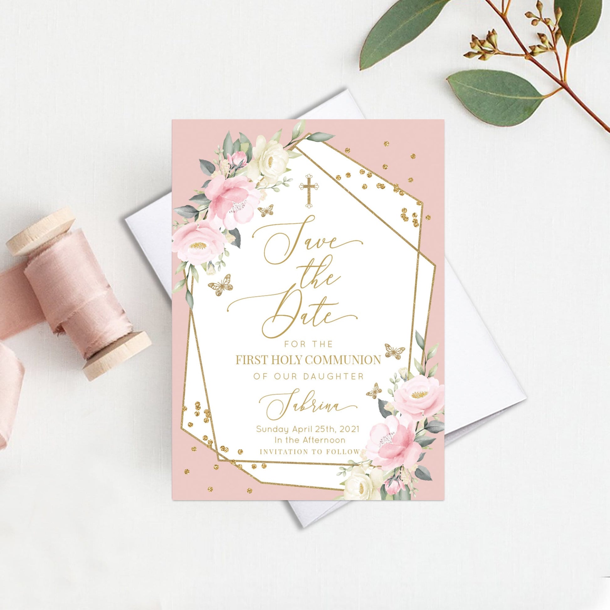 Floral First Communion Save the Date Card, Pink and Gold