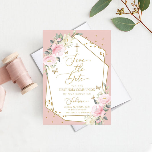 Floral First Communion Save the Date Card, Pink and Gold