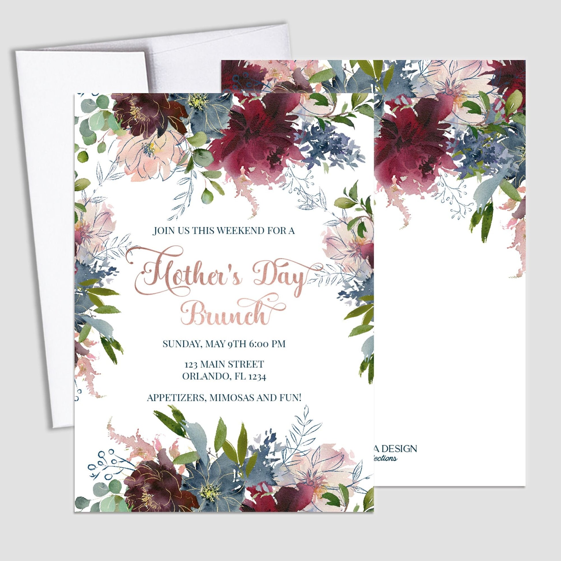 Floral Mother's Day Brunch Invitation, Blush Burgundy, Printed Cards