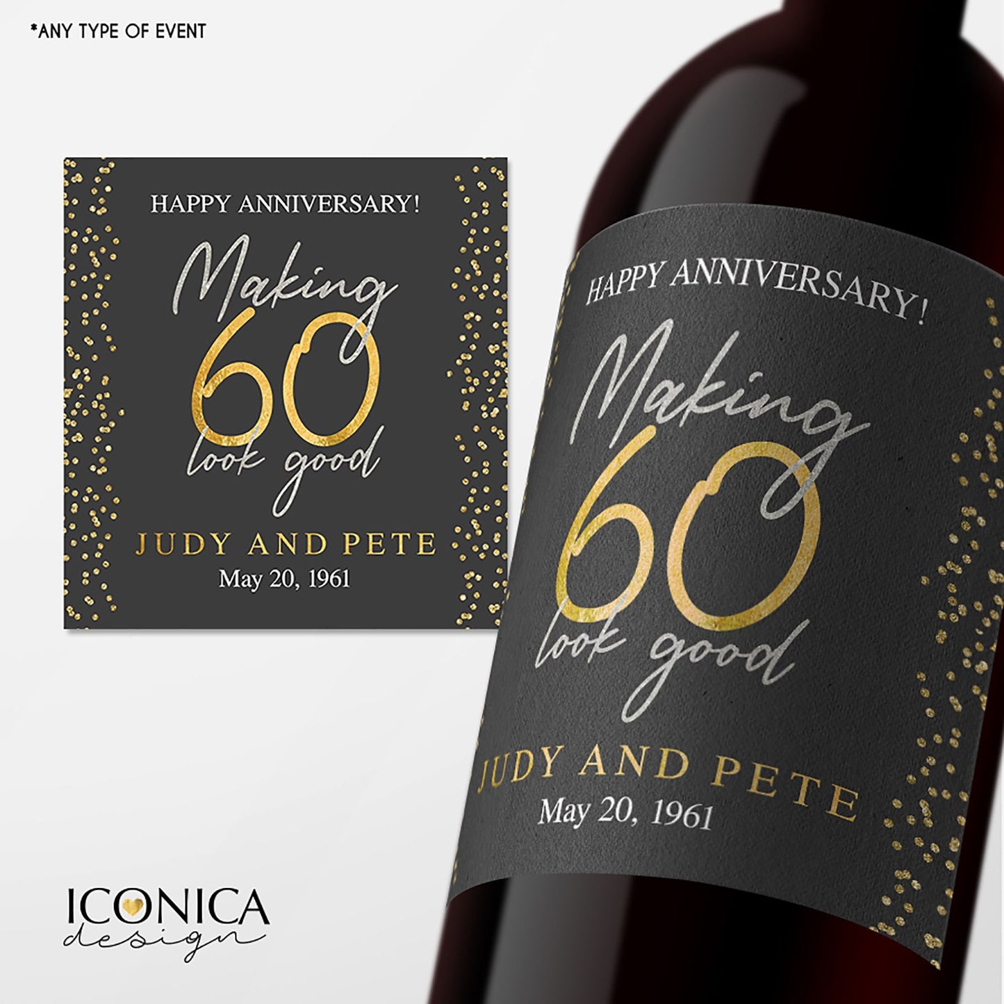 Personalized Vintage Anniversary Wine Label, Custom Beverage Labels
