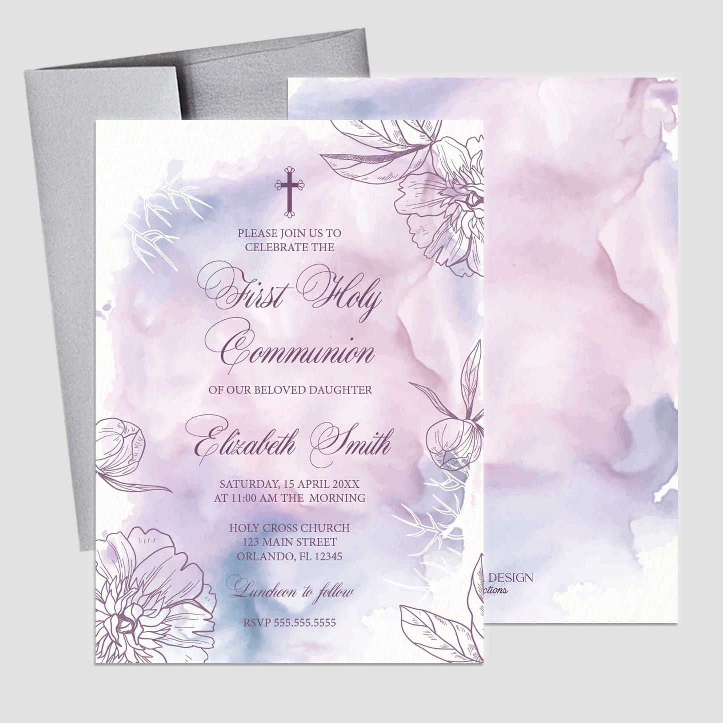 Floral Lavender Watercolor First Communion Invitation (Printed or Digital)