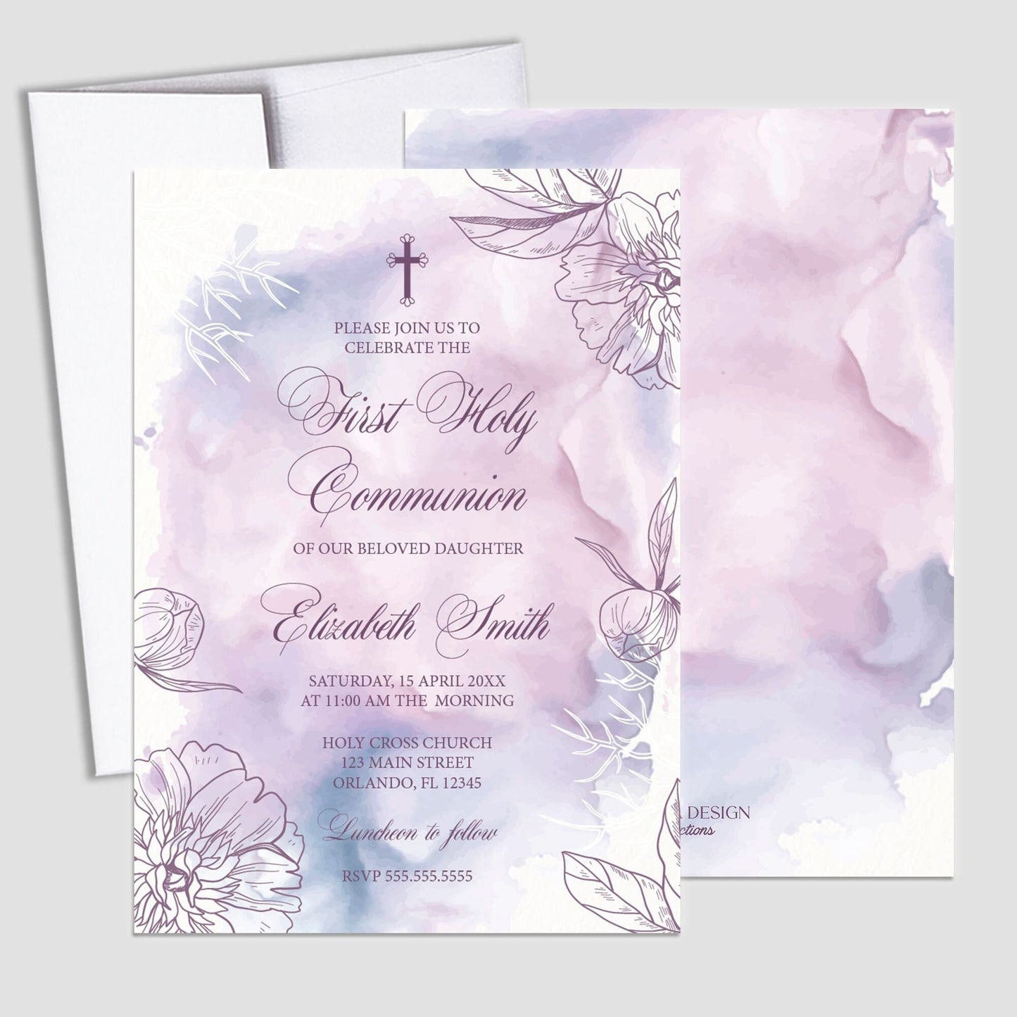 Floral Lavender Watercolor First Communion Invitation (Printed or Digital)
