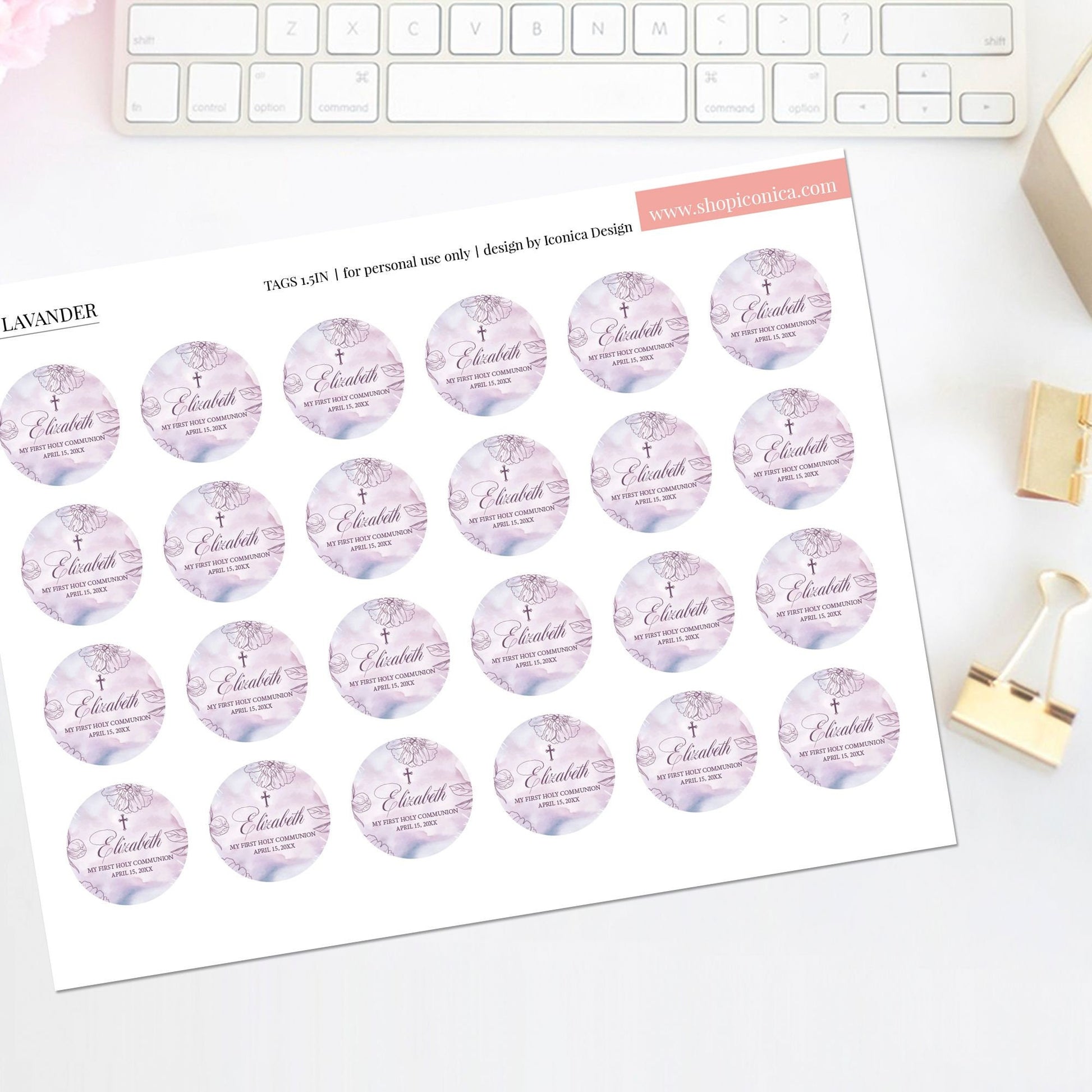 First Communion Favor Stickers, Floral Lavender Watercolor Labels