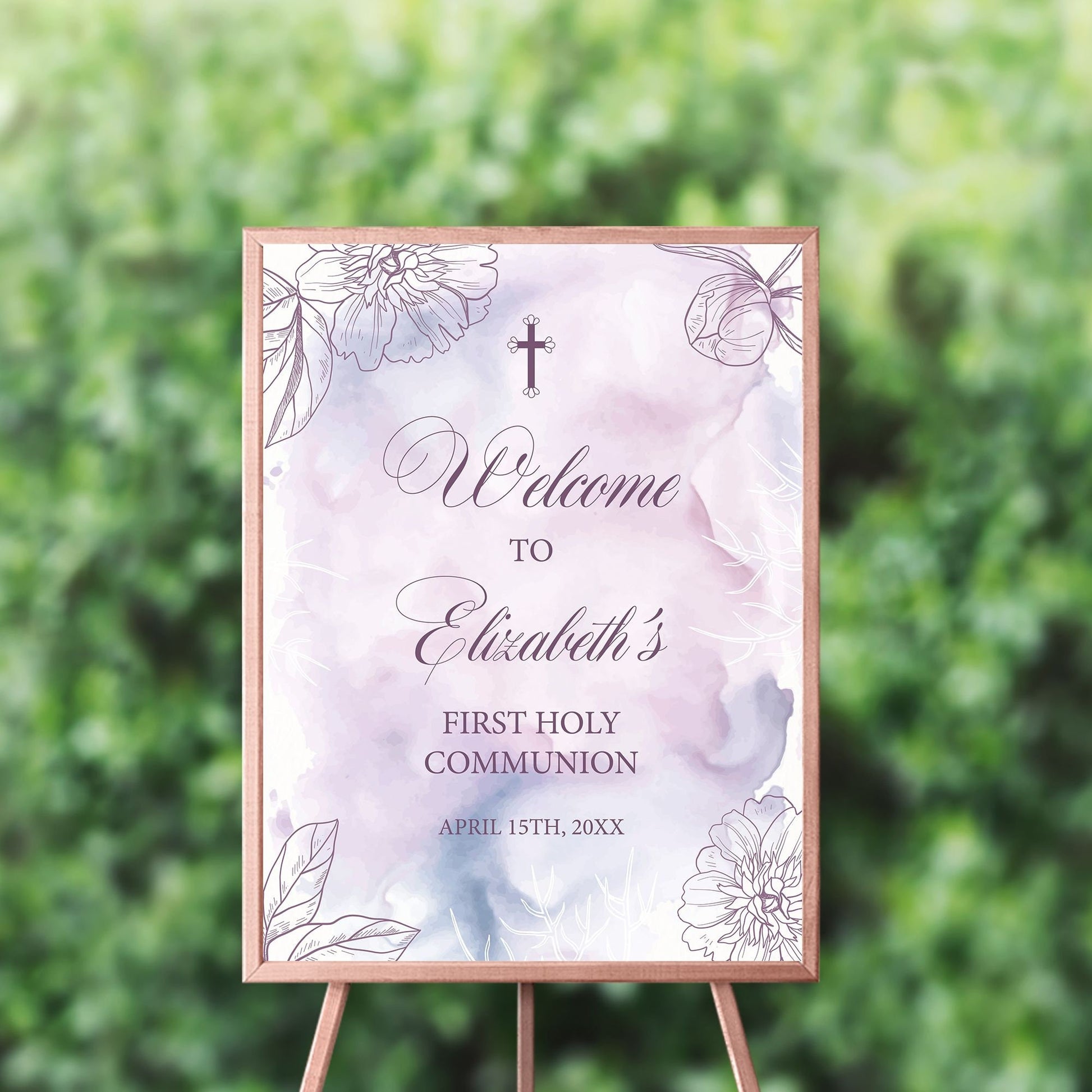 First Communion Favor Stickers, Floral Lavender Watercolor Labels