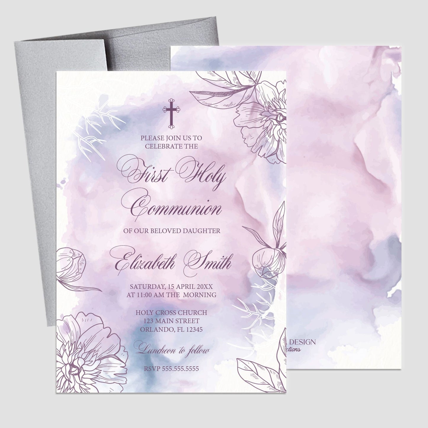 First Communion Favor Stickers, Floral Lavender Watercolor Labels